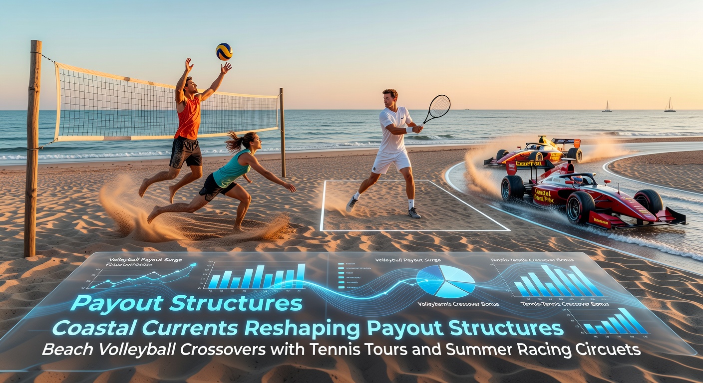 Coastal sports venue showing beach volleyball courts adjacent to tennis facilities and nearby racing tracks during summer events