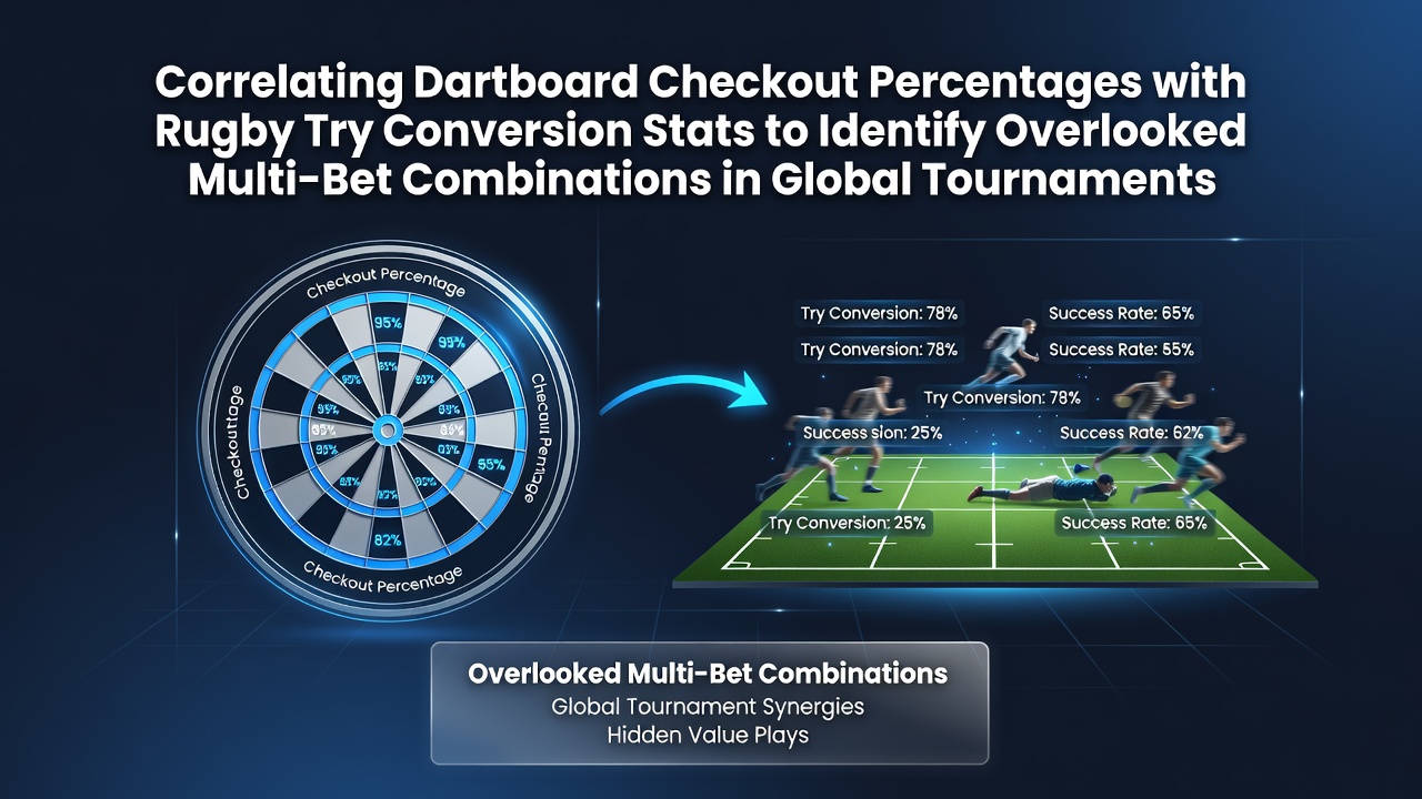 Dartboard and rugby pitch overlaid with statistical charts showing checkout and conversion correlations