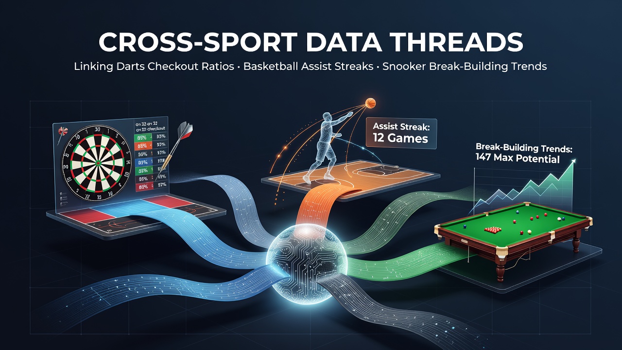 Visualization of cross-sport data correlations showing darts checkout ratios alongside basketball assist streaks and snooker break trends