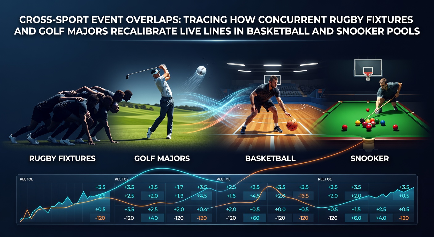 Rugby scrum and golf green scenes overlaid with basketball and snooker betting interfaces showing live odds adjustments