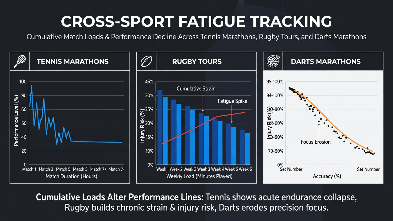 Athletes monitoring cumulative fatigue levels during extended sports events in tennis, rugby, and darts