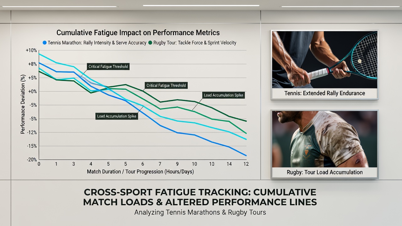 Rugby players and darts competitors using fatigue tracking technology during tours and marathon events