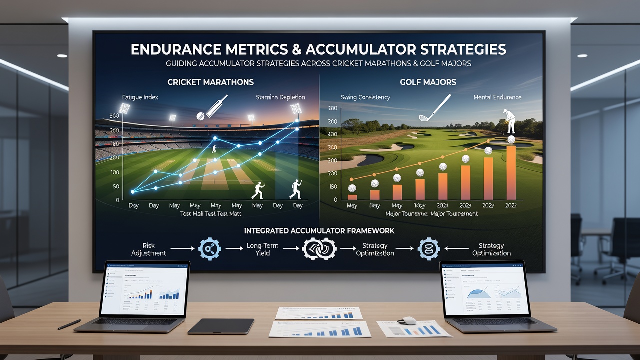 Data charts showing stamina metrics and performance trends in cricket and golf events