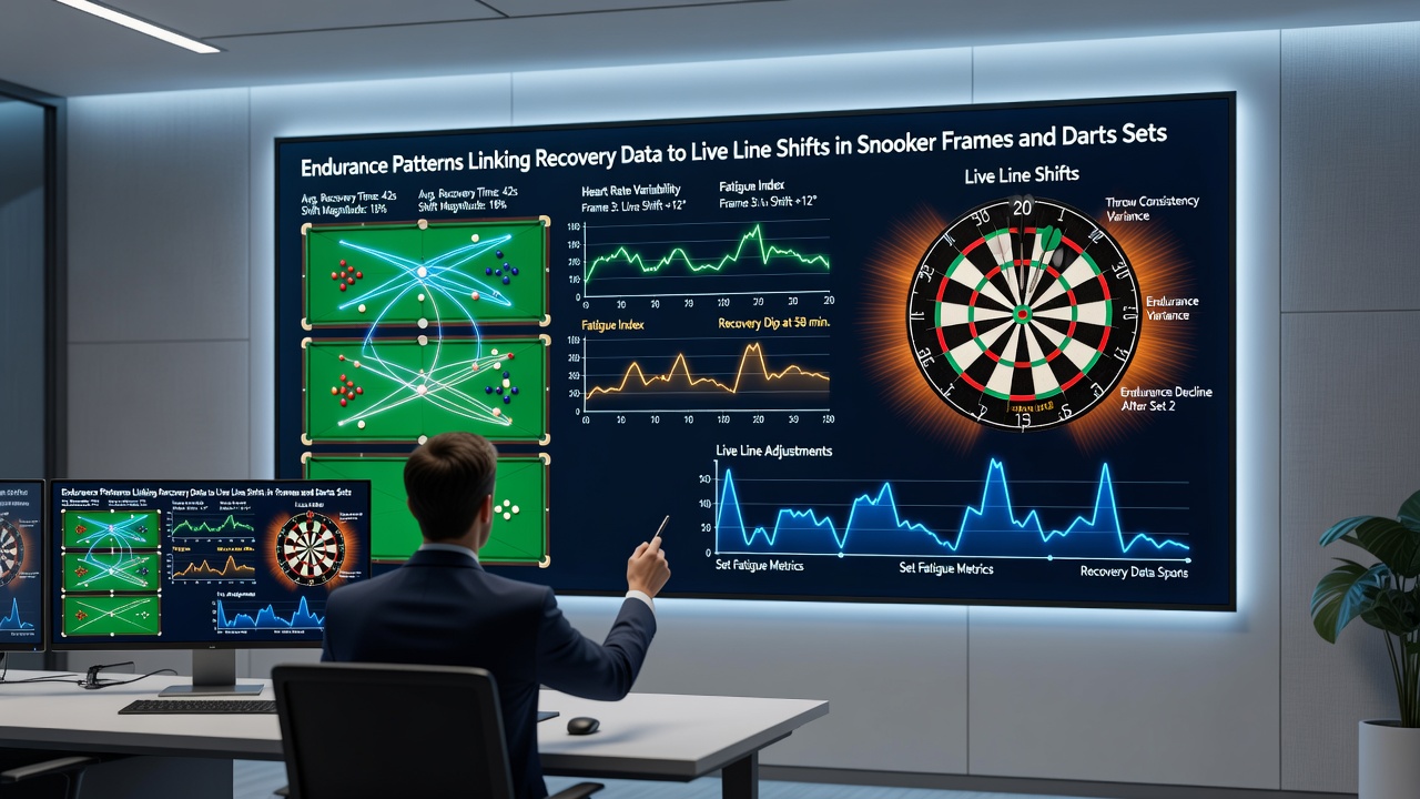 Darts player monitoring recovery metrics during a prolonged match