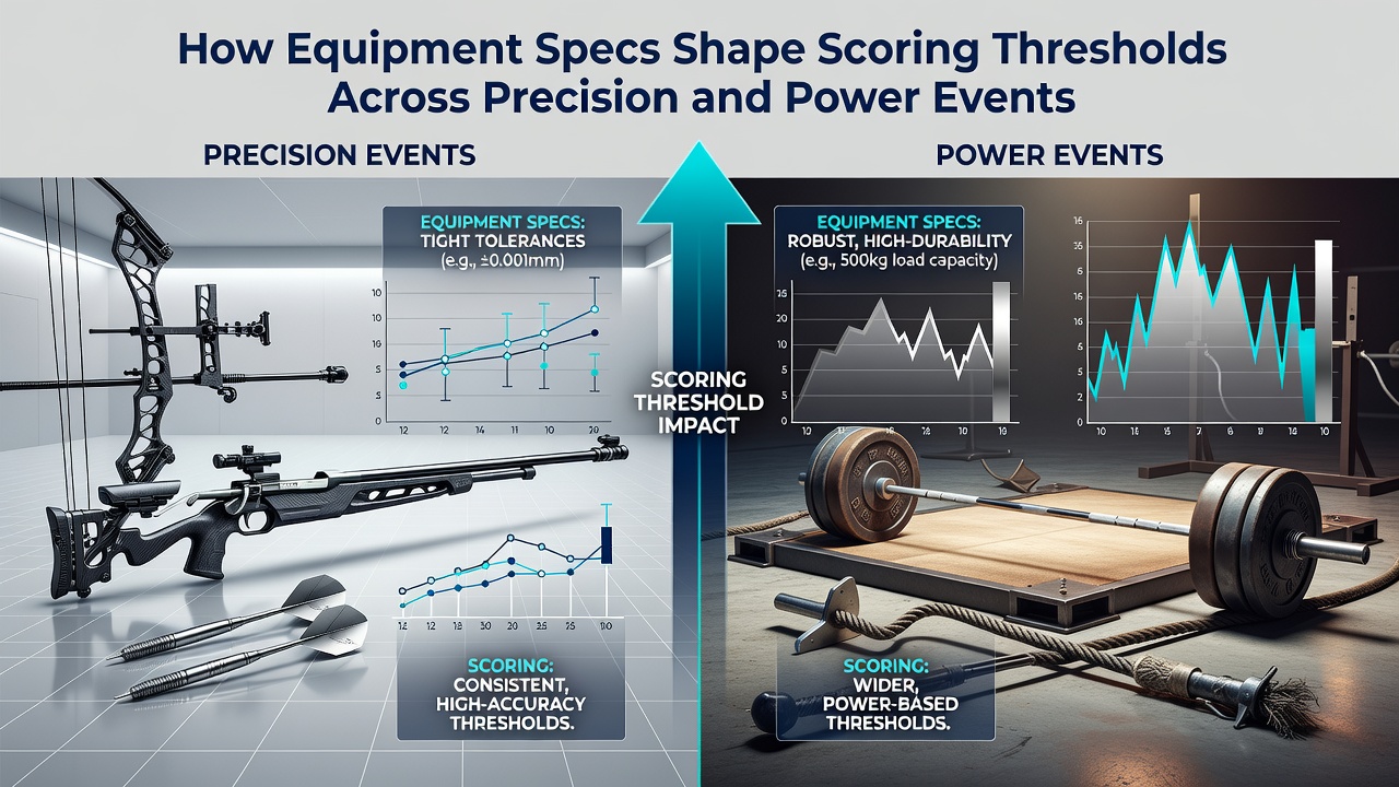 Athletes competing in a power event alongside precision shooters with standardized equipment on display
