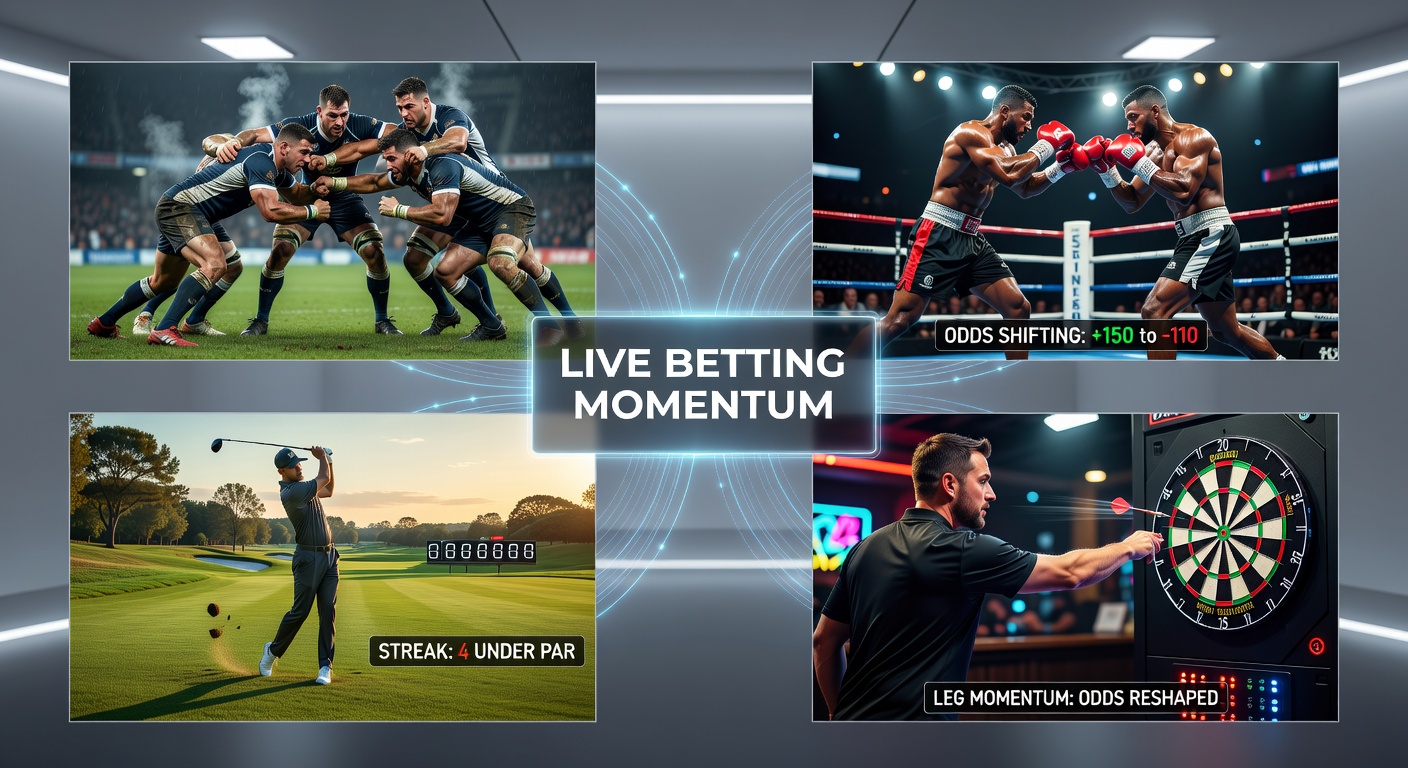 Boxer landing a flurry of punches in a rally, with digital odds screens showing dramatic shifts in the arena