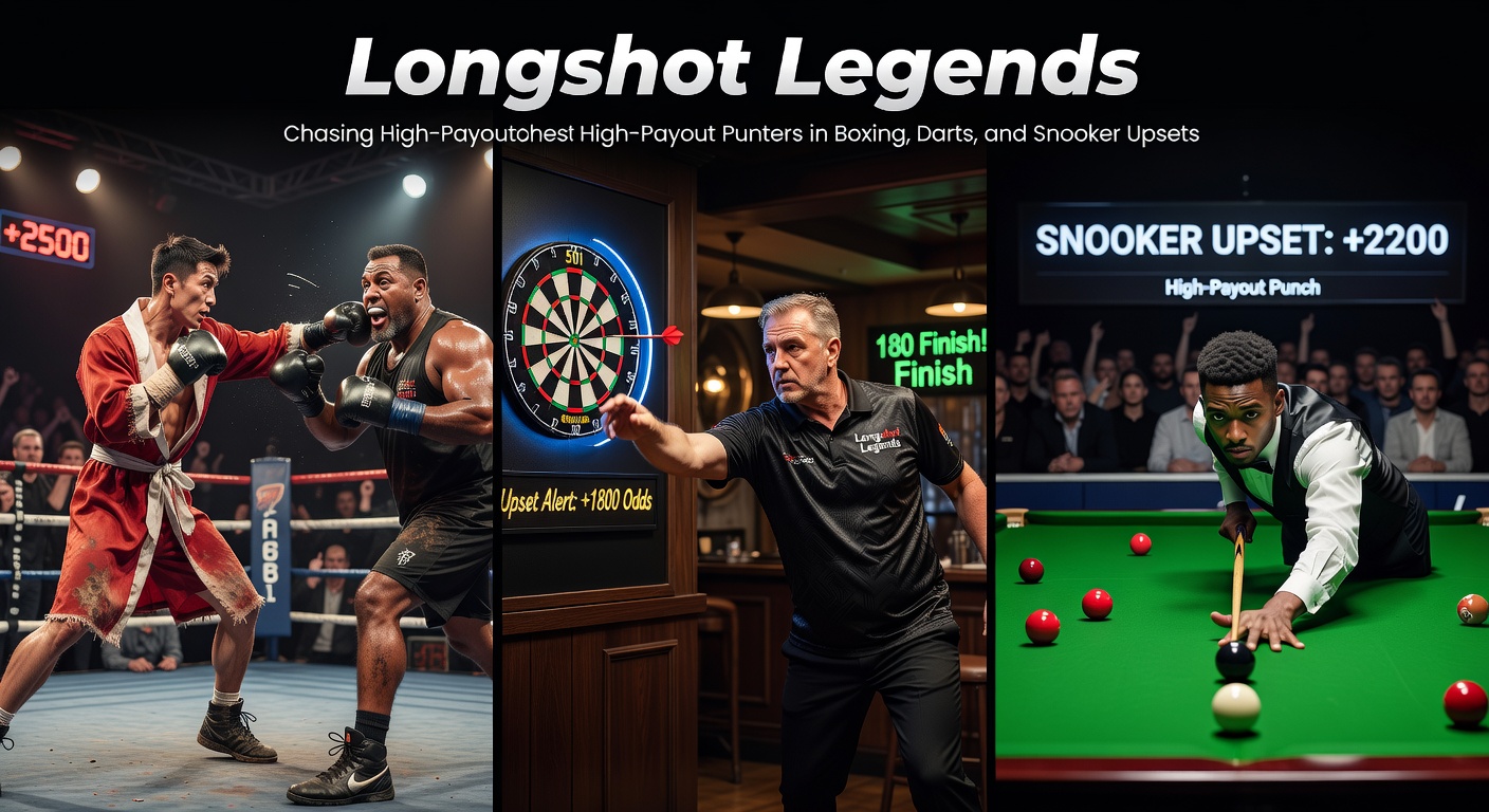 A tense darts match where an underdog player celebrates a nine-darter, surrounded by stunned opponents and a roaring crowd, highlighting the high-stakes thrill of snooker and darts upsets