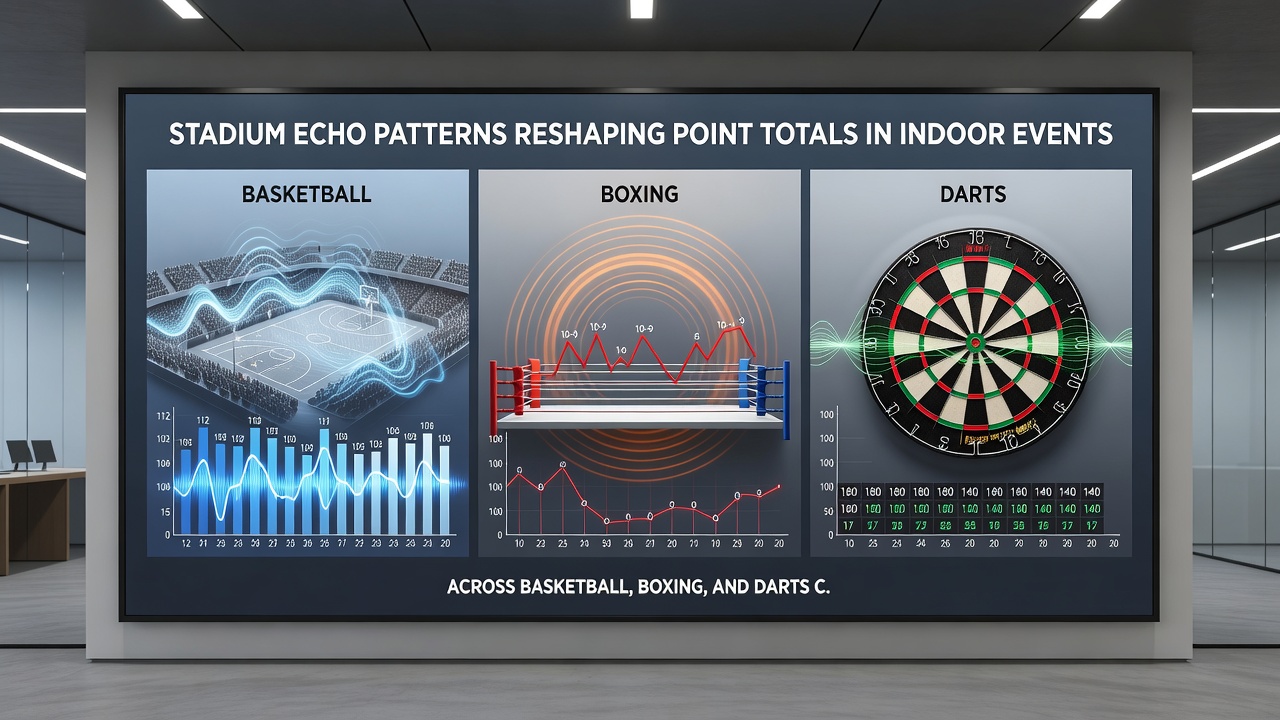 Darts competition hall with visible acoustic panels and crowd seating arrangement