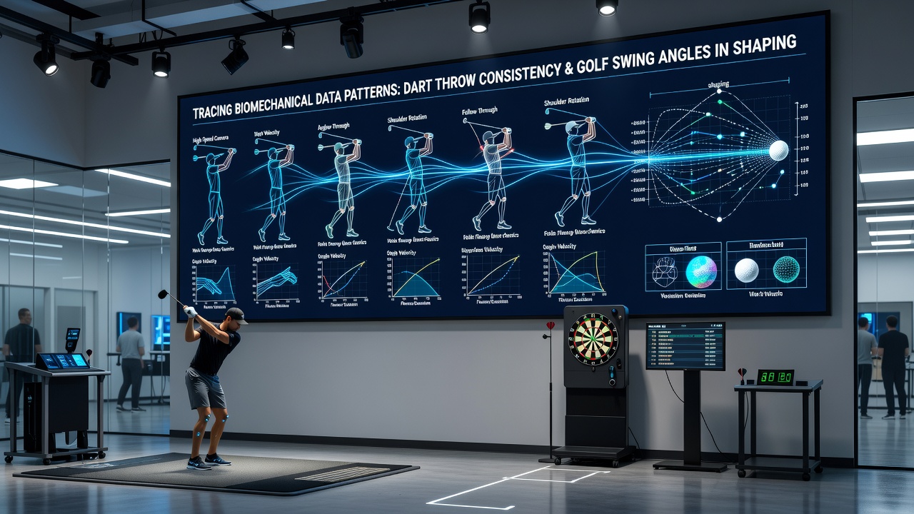 Overlay of dart release angle graph and golf swing plane data used to adjust initial betting odds for precision sports events