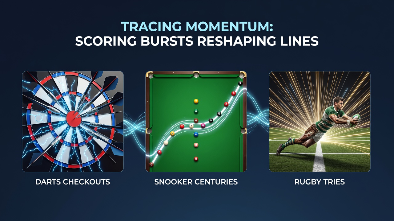 Darts player completing a checkout as momentum shifts betting lines during a live match