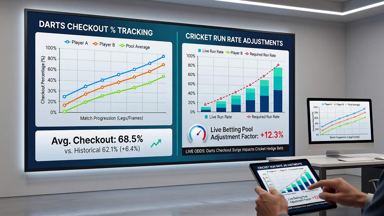 Live betting dashboard showing darts checkout percentages synced with cricket run rate adjustments