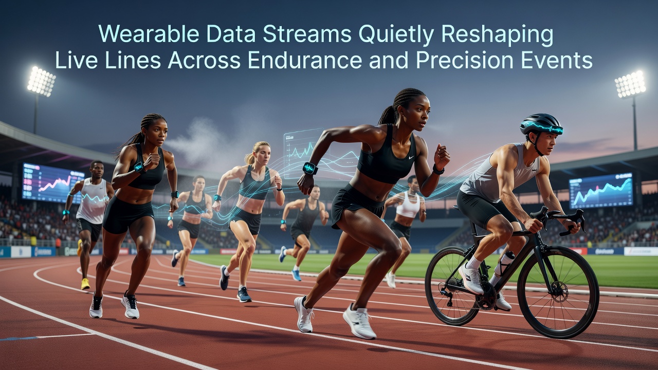 Athletes equipped with wearable sensors during an endurance race, with real-time data overlays showing heart rate and pace metrics influencing live betting interfaces