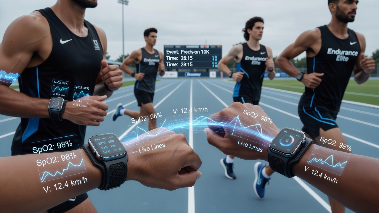 Close-up of a precision athlete's wearable device displaying tremor and breathing data during a live competition, overlaid with dynamic odds updates on a nearby betting terminal