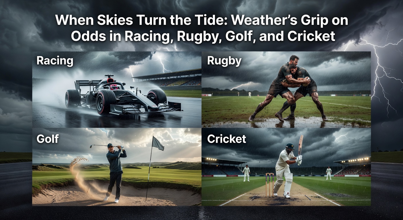 Storm clouds gathering over a rain-soaked horse racing track, with jockeys navigating muddy conditions while crowds watch intently